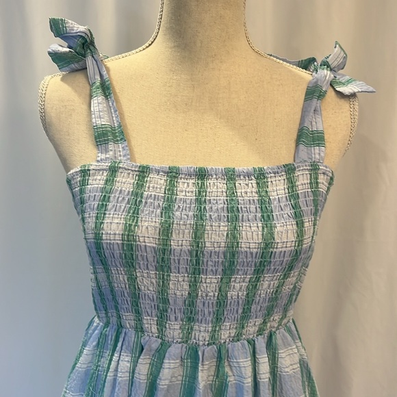 NWT THML Check Smocked Midi Dress size medium lt blue and green - Picture 7 of 15